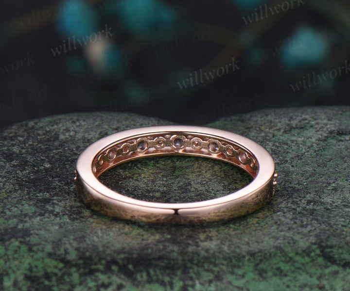 Alexandrite wedding band solid 14k rose gold Milgrain half eternity diamond anniversary ring women men gift