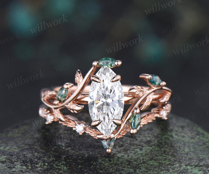 Marquise lab grown diamond leaf ring set marquise moss agate wedding ring nature inspired bridal set