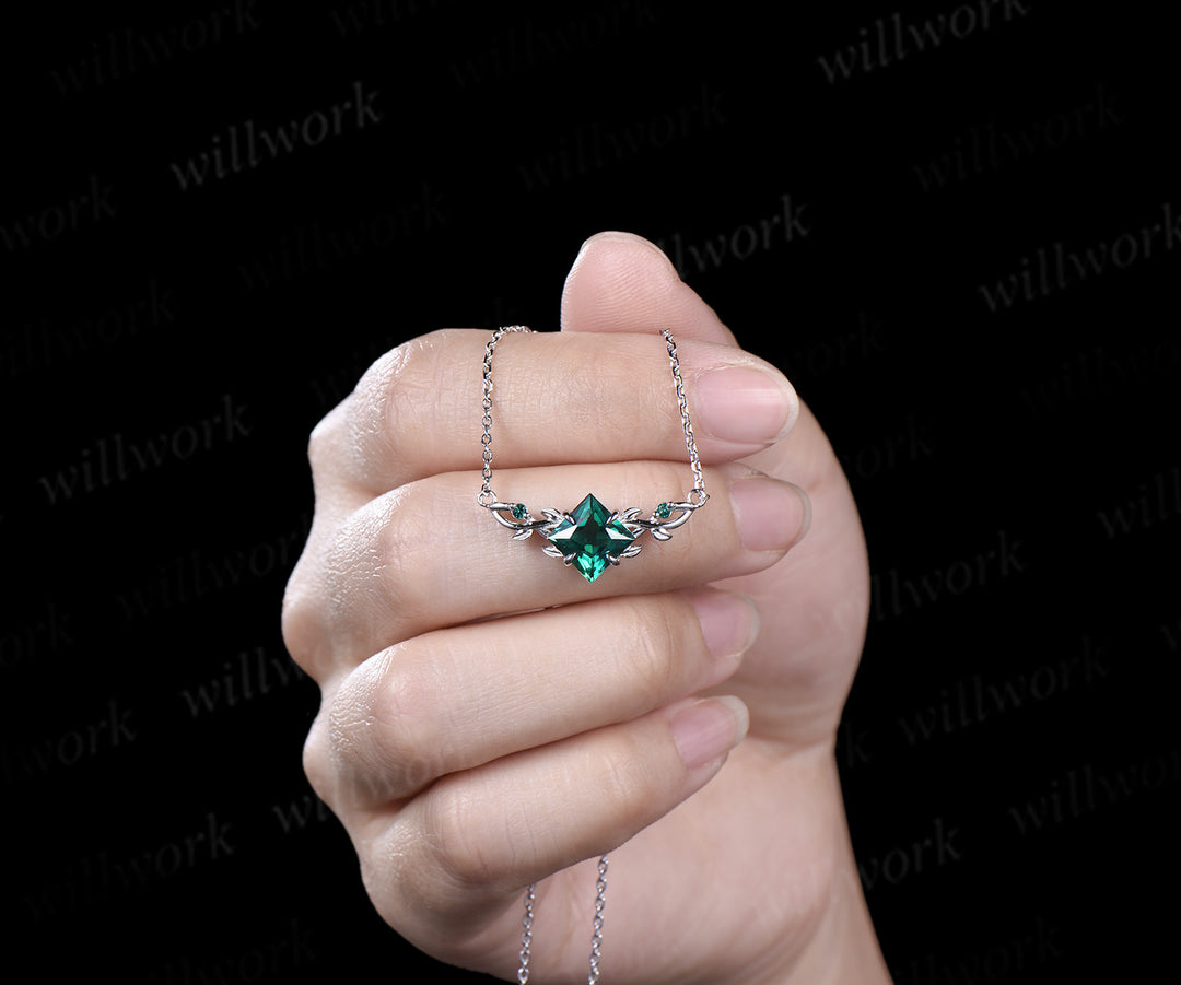 Princess cut emerald leaf necklace 14k white gold Nature Inspired infinity Pendant women three stone anniversary gift