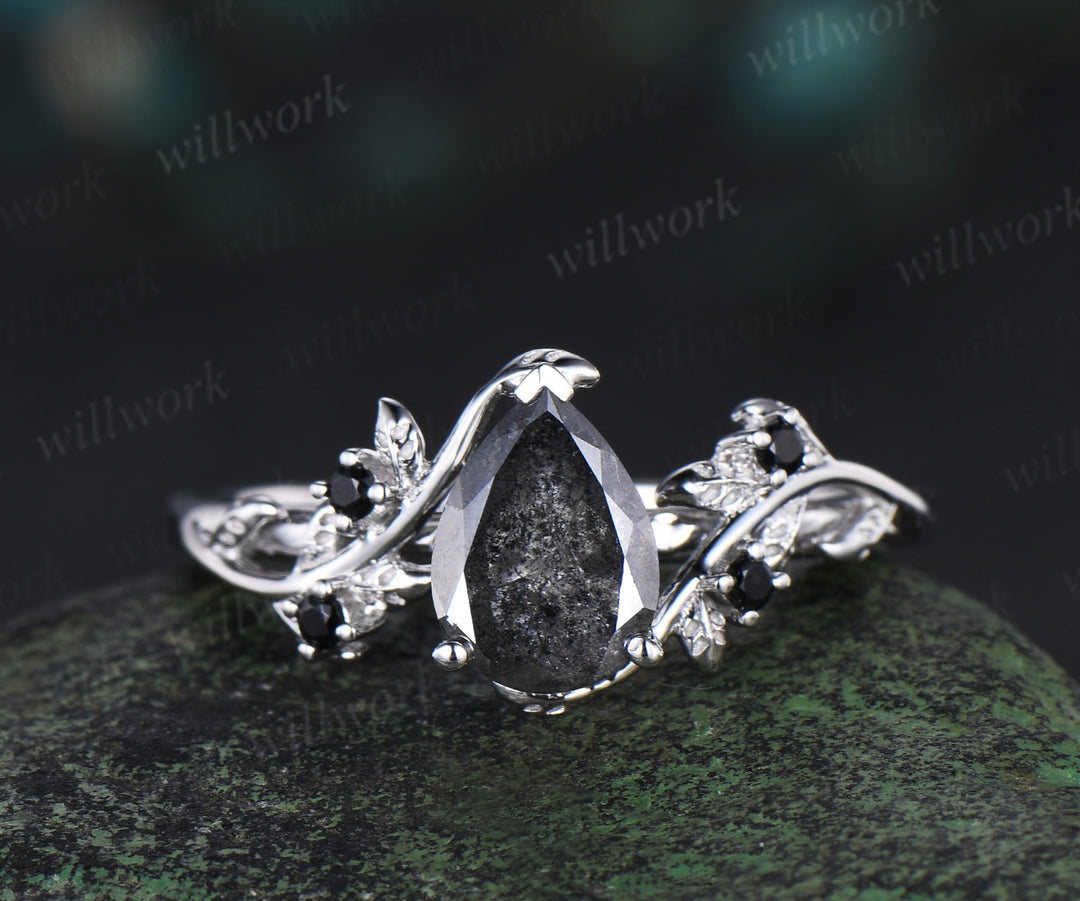 Pear salt and pepper diamond engagement ring set solid 14k white gold leaf nature inspired black diamond ring women