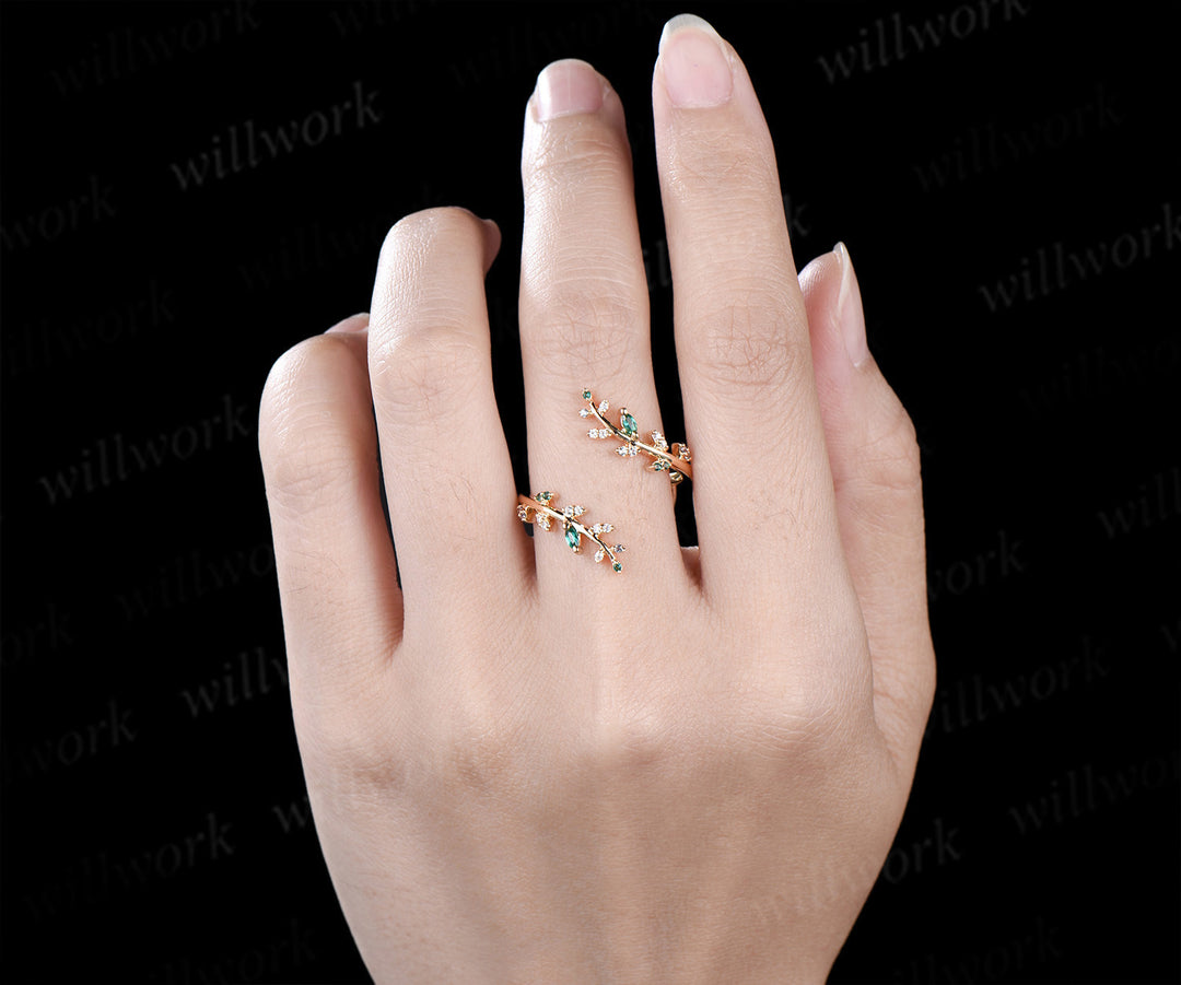 Emerald alexandrite leaf wedding band enhancer wraps solid 14k yellow gold cluster double open gap diamond ring women art deco anniversary gift