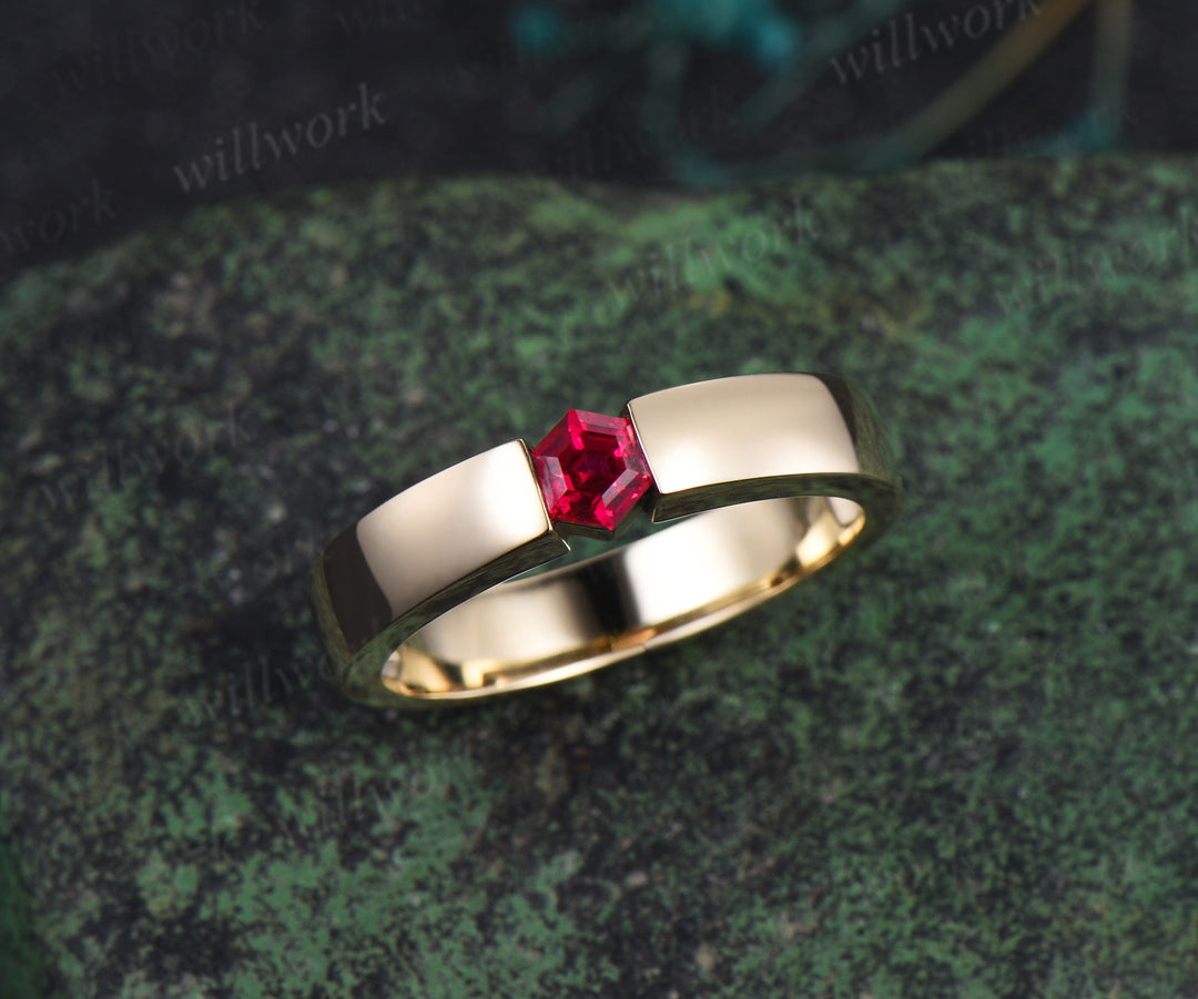 Men Ruby Rings 14K Solid Rose Gold Polish Band Male 4mm Hexagon cut red ruby Band Tension Set Ring Men Gemstone Promise Wedding Band