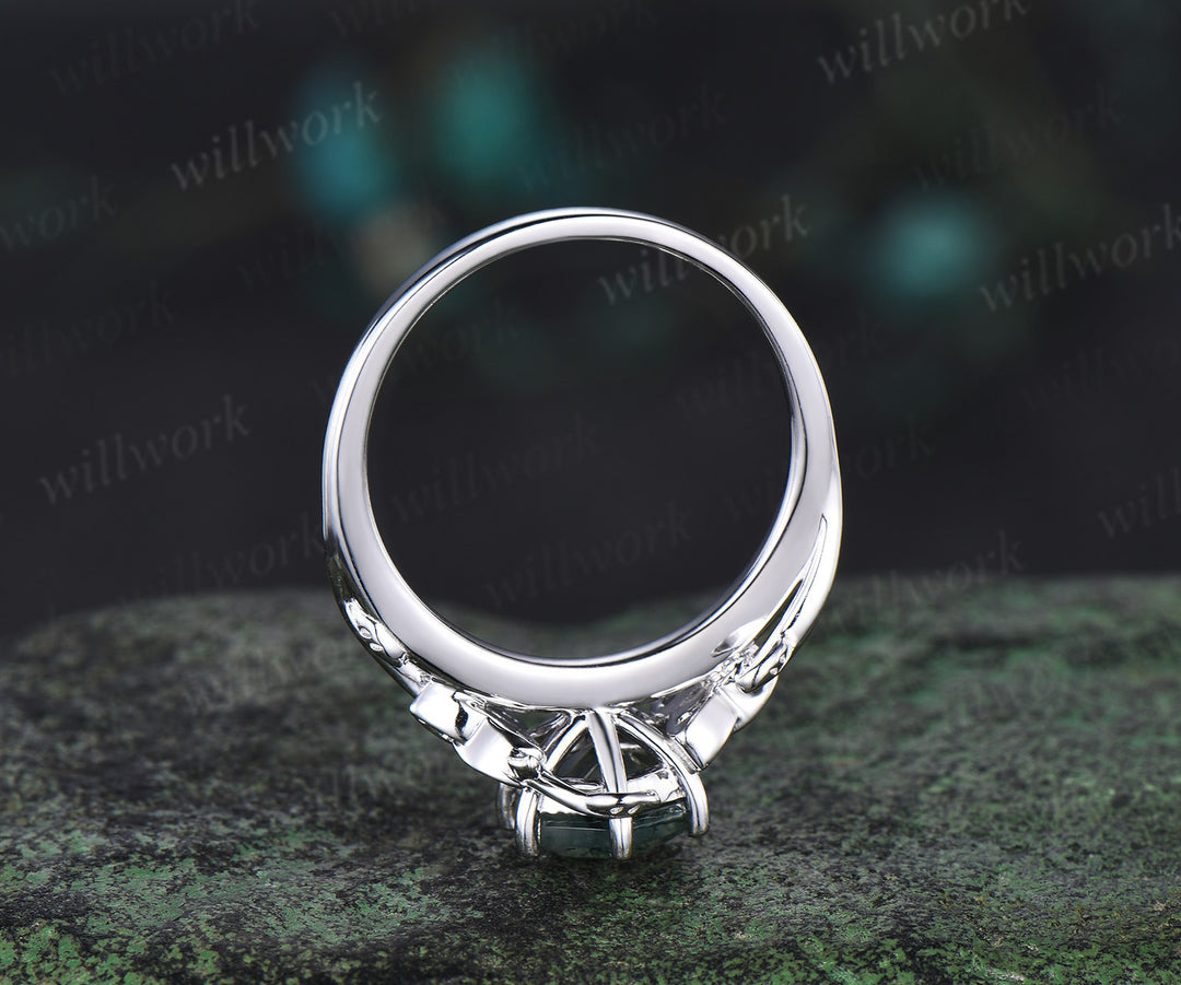 Hexagon cut Natural moss agate Celtic knot engagement ring white gold emerald leaf ring women anniversary gifts