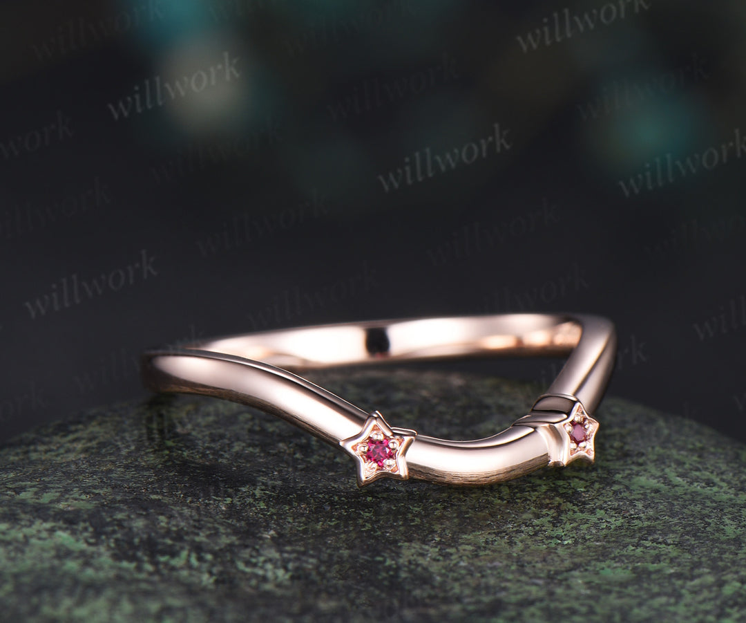 Ruby star wedding band curved matching band solid 14k rose gold stackable ring gifts for her