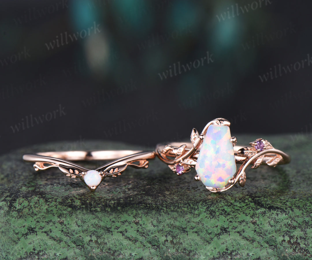 Vintage coffin white opal engagement ring rose gold leaf nature inspired amethyst ring women bridal anniversary ring set gift