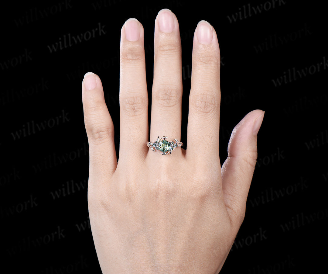 Hexagon cut Natural moss agate Celtic knot engagement ring white gold emerald leaf ring women anniversary gifts