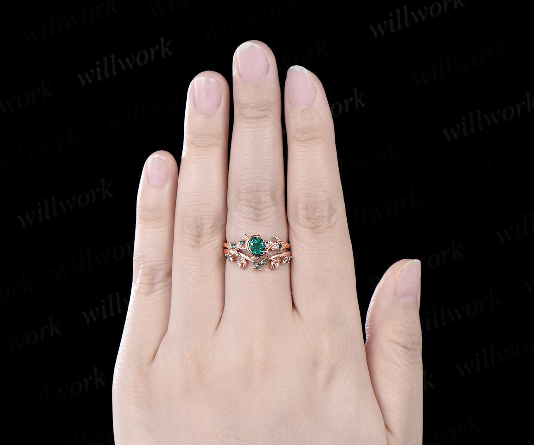 Vintage round cut green emerald engagement ring rose gold leaf star moon moss agate bridal anniversary ring set women jewelry