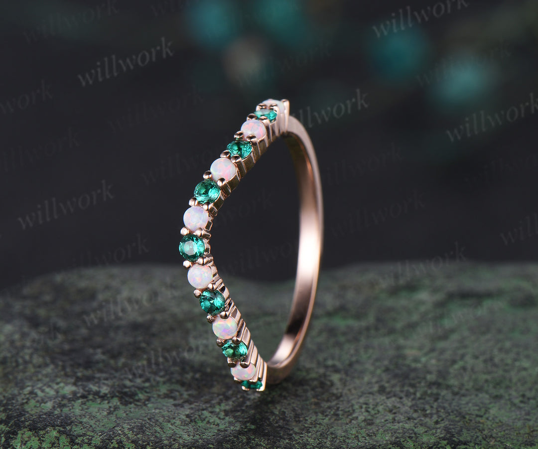 Curved opal emerald wedding band solid 14k rose gold Multi-Stone rings stacking bridal anniversary ring women gift