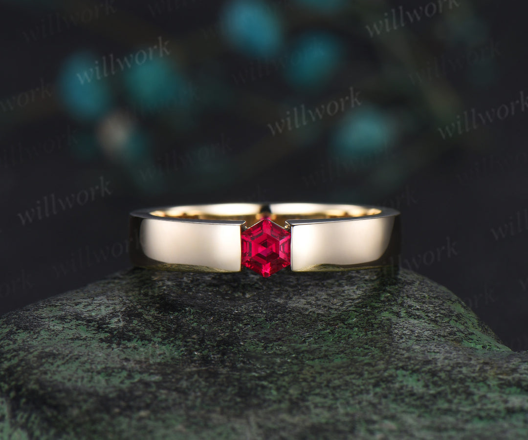 Men Ruby Rings 14K Solid Rose Gold Polish Band Male 4mm Hexagon cut red ruby Band Tension Set Ring Men Gemstone Promise Wedding Band