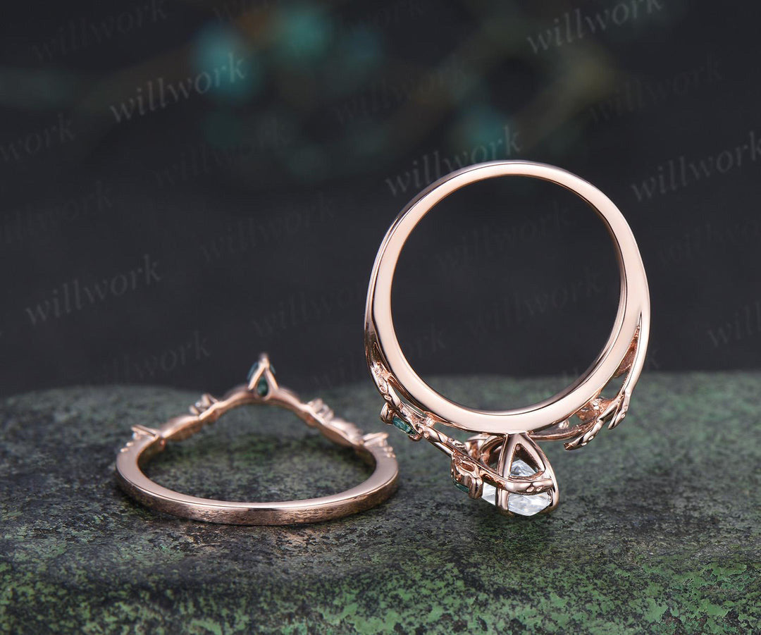 Marquise lab grown diamond leaf ring set marquise moss agate wedding ring nature inspired bridal set