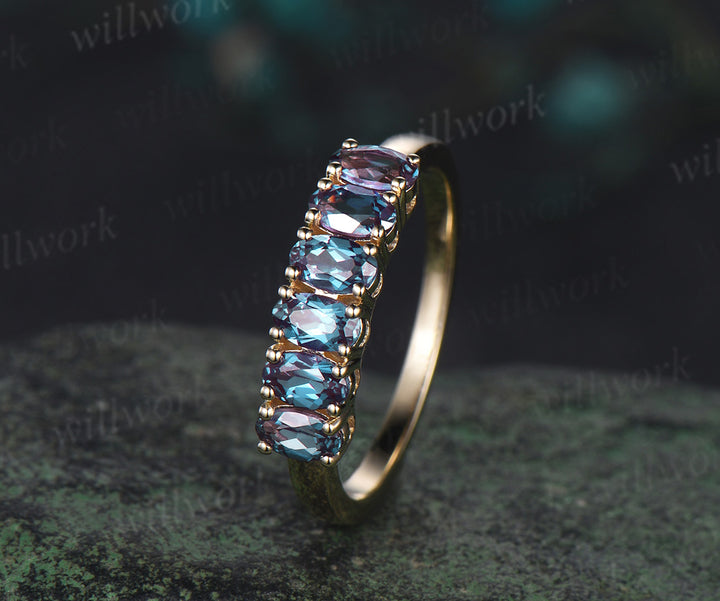 Oval cut alexandrite ring solid 14k yellow gold 6 stone birthday gift wedding band Multi-Stone Rings anniversary ring women gift