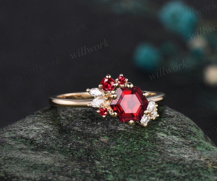 Hexagon cut red ruby engagement ring cluster diamond ring 14k yellow gold unique wedding ring