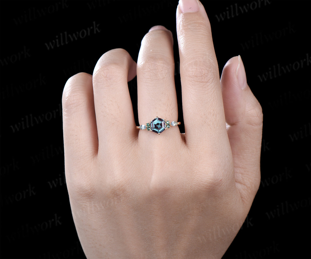 Hexagon cut alexandrite engagement ring round emerald marquise moonstone seven stone ring unique color change gem ring for women