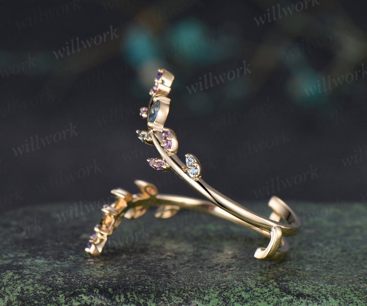 Natural London blue topaz amethyst wedding band enhancer wraps solid 14k yellow gold cluster leaf twig ring open gap band