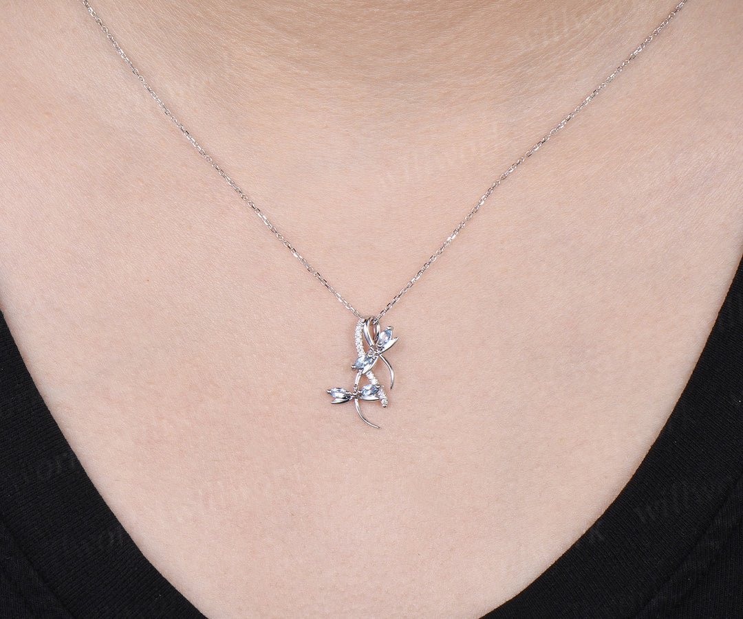 Aquamarine pendant necklace Elegant marquise aquamarine double dragonfly necklace moissanite accented pendant gifts for her