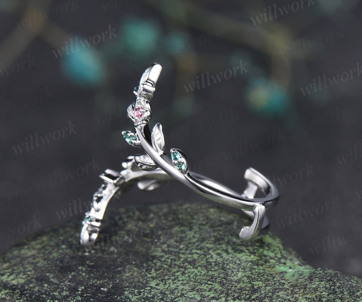 Natural pink tourmaline emerald wedding band floral leaf vine enhancer band stacking ring open gap band