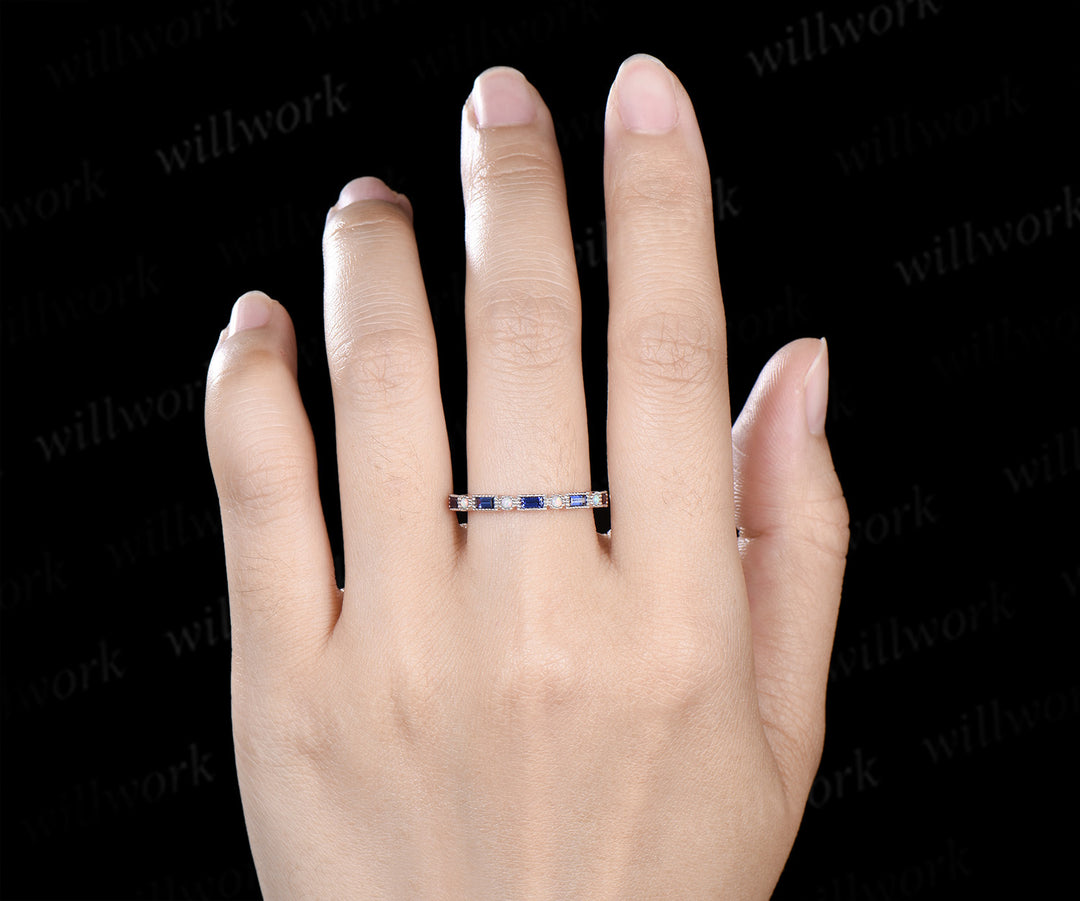 Baguette cut sapphire opal wedding band milgrain half eternity wedding ring band vintage unique stacking ring gifts for her
