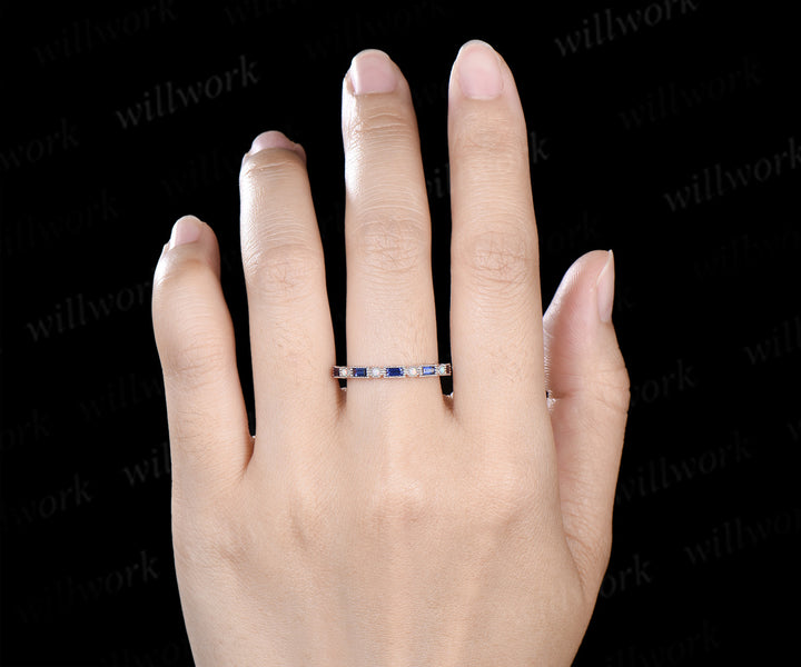 Baguette cut sapphire opal wedding band milgrain half eternity wedding ring band vintage unique stacking ring gifts for her