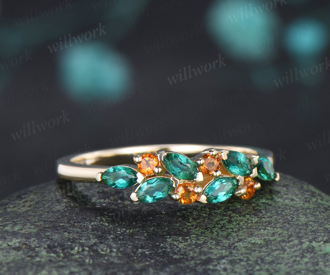Marquise emerald citrine cluster vintage stacking band May birthstone wedding ring anniversary gfits