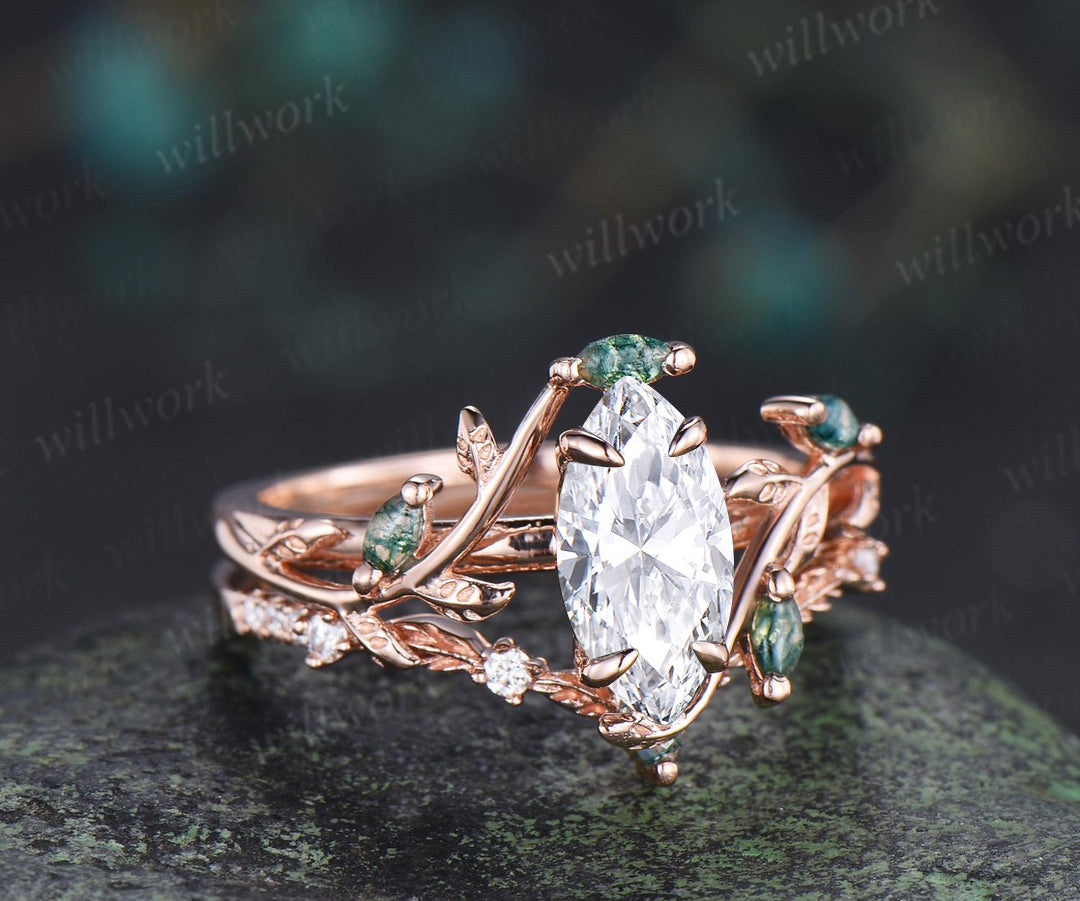Marquise lab grown diamond leaf ring set marquise moss agate wedding ring nature inspired bridal set