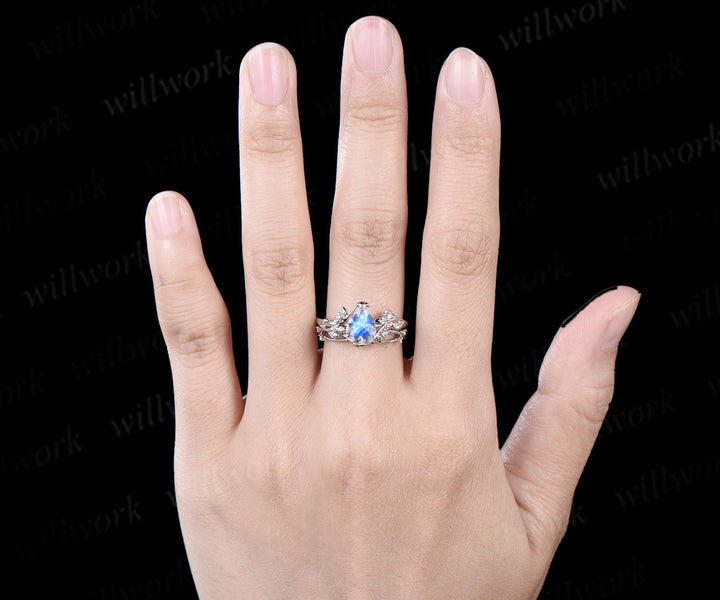 Pear shaped moonstone ring white gold leaf nature inspired diamond ring vintage engagement ring set stacking bridal set women