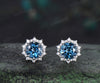 Round Cut London Blue Topaz Stud Earrings 14k white Gold halo snowdrift diamond December Birthstone Earrings women