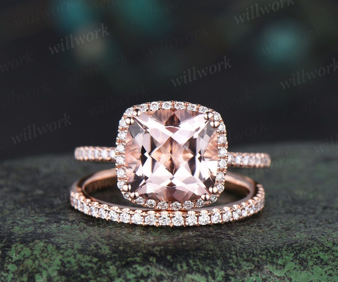 Cushion Cut Morganite Engagement Ring Set halo half eternity diamond wedding ring set rose gold art deco Milgrain bridal set jewelry