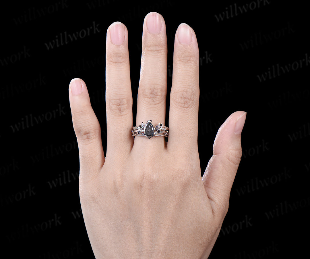 Pear salt and pepper diamond engagement ring set solid 14k white gold leaf nature inspired black diamond ring women