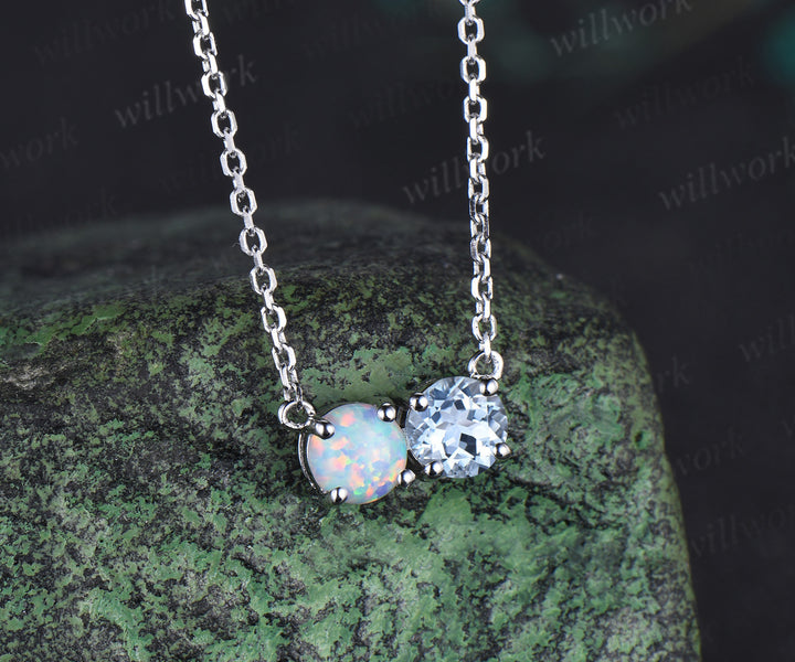 Two stone round cut opal aquamarine Necklace solid 14k 18k white gold Pendant dainty gift