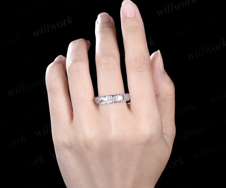Briolette cut white moissanite wedding band mens full eternity unique bridal engagement ring gift for him husband