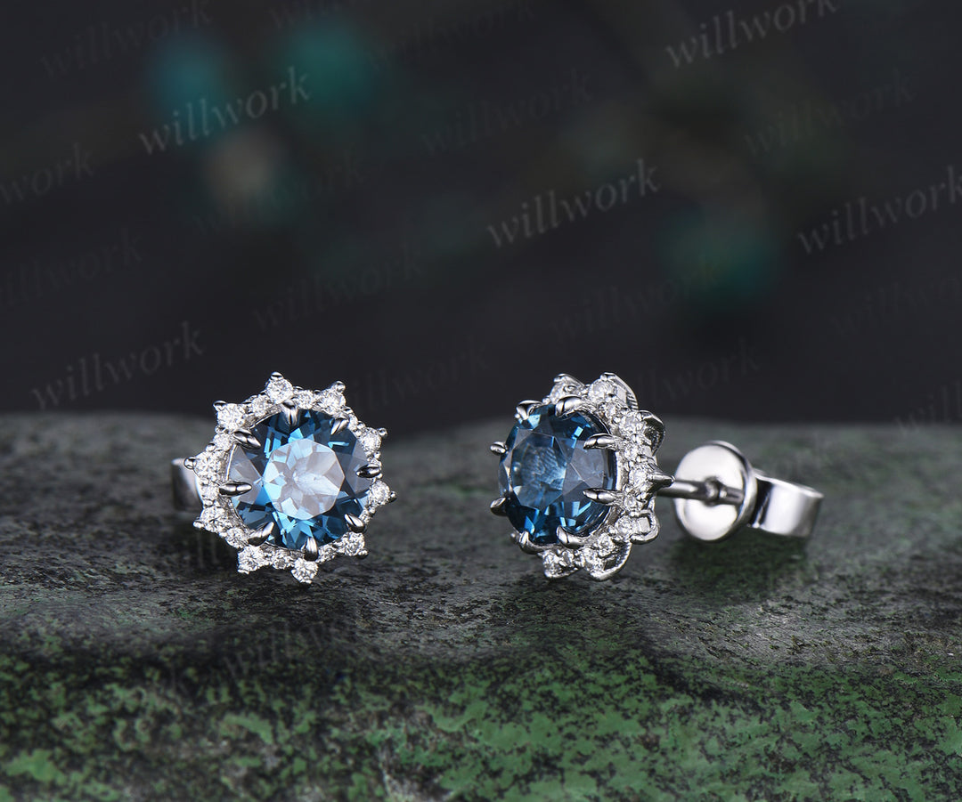 Round Cut London Blue Topaz Stud Earrings 14k white Gold halo snowdrift diamond December Birthstone Earrings women