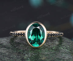 Oval Cut Green Emerald Engagement Ring Unique Black Spinel Diamond Half Eternity Ring Bezel Set Promise Ring