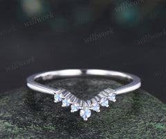 Moonstone wedding band dainty curved blue gemstone stackable ring silver white gold matching band gifts for women