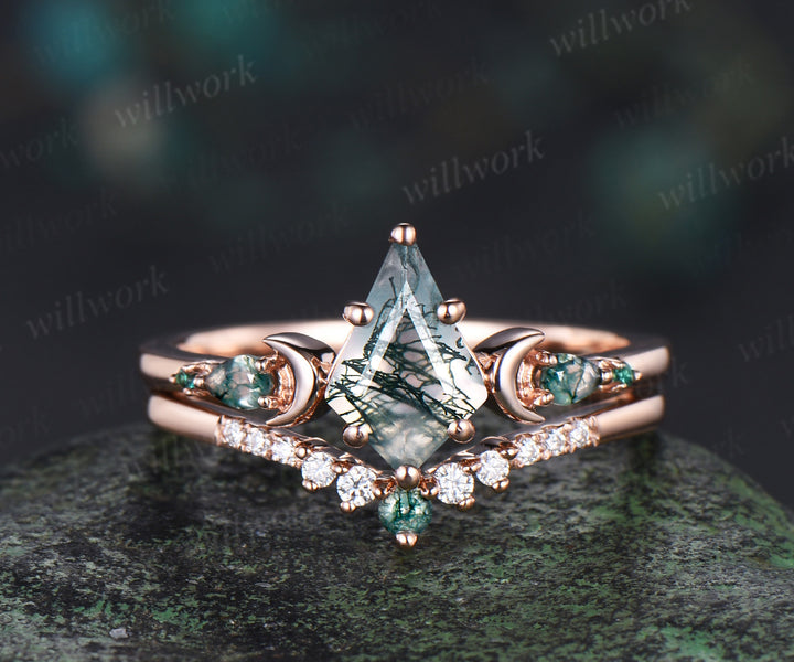 Unique kite cut moss agate engagement ring set women rose gold 6 prong five stone moon bridal ring set