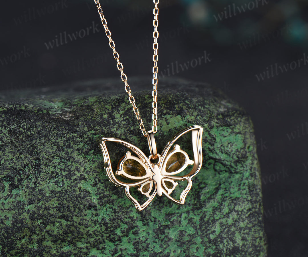 Vintage pear citrine butterfly necklace solid 14k yellow gold cystal pendant hollow up butterfly diamond pendant necklace gifts for her