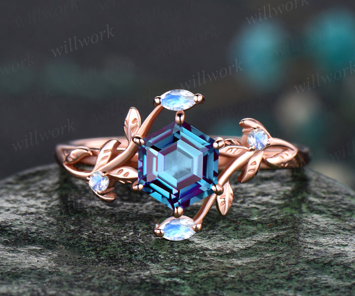 Unique Leaf Floral Vine Twig Branch Nature Inspired Ring Hexagon Cut June Birthstone Alexandrite Engagement Ring Natural Moonstone Five Stone Bridal Ring