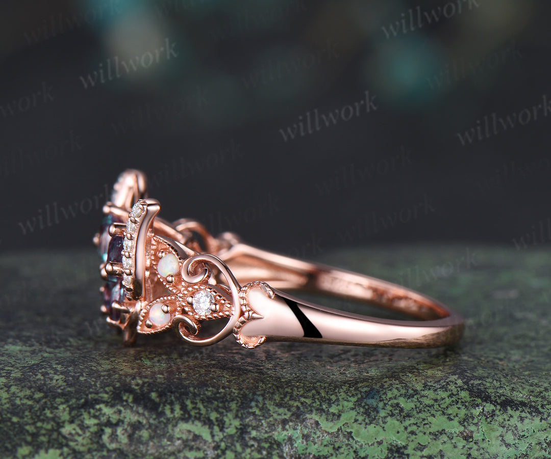Butterfly alexandrite engagement ring pear cut alexandrite opal moissanite filigree milgrain ring unique nature inspired bridal wedding ring