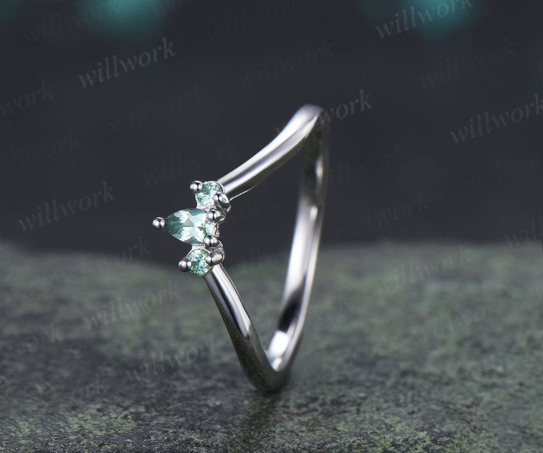 Curved green sapphire wedding band vintage three stone stacking ring women matching band