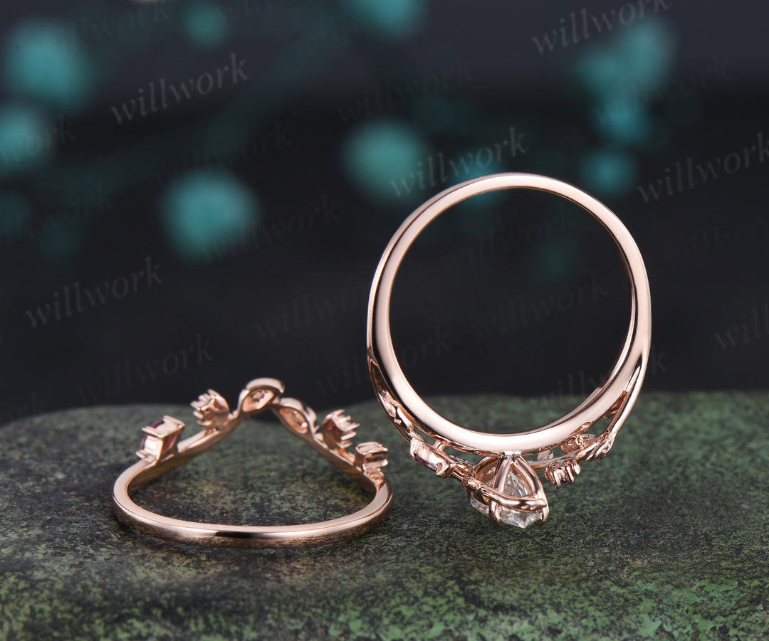 Marquise cut moissanite ring set leaf moon twig ring ruby accents nature inspired bridal set