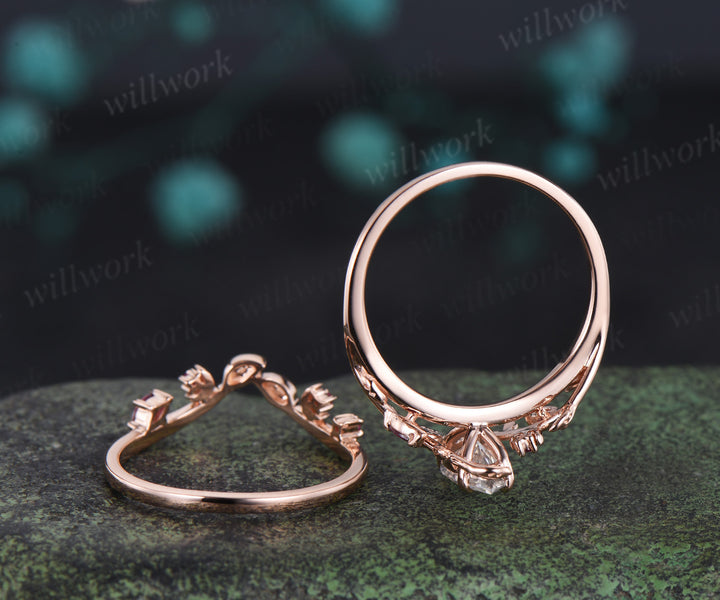 Marquise cut moissanite ring set leaf moon twig ring ruby accents nature inspired bridal set