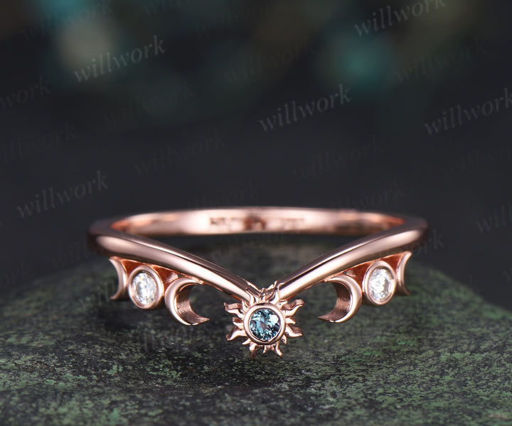 Dainty alexandrite sun moon wedding band bezel moissanite crescent curved stacking ring unique wedding ring for women