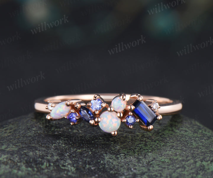Baguette sapphire natural tanzanite wedding band dainty opal cluster multi-stone minimalist promise ring