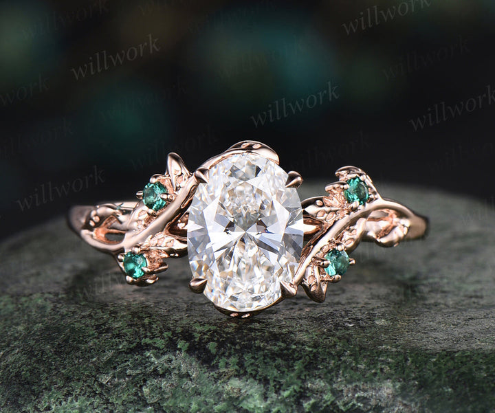 Oval Cut Lab Grown Diamond Engagement Ring Set Twig Leaf Ring Art Deco Emerald Wedding Bridal Set