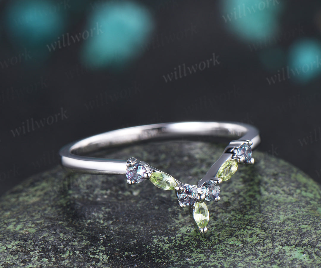Curved V shaped wedding band unique marquise peridot round alexandrite stacking ring birthstone ring