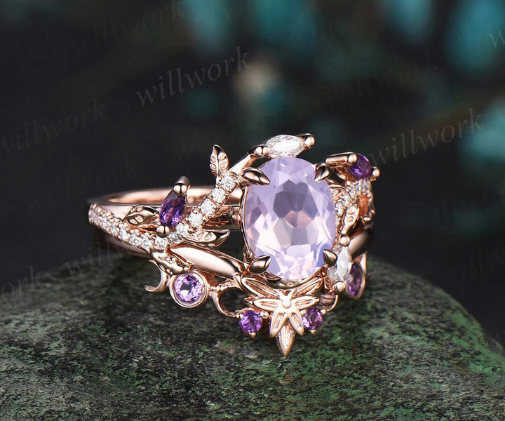 Unique Oval Cut Lavender Amethyst Engagement Ring Set February Birthstone Moon Leaf Nature Inspired Ring Art Deco 2pcs Bridal Ring Set Women