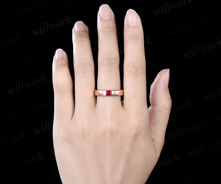 Men Ruby Rings 14K Solid Rose Gold Polish Band Male 4mm Hexagon cut red ruby Band Tension Set Ring Men Gemstone Promise Wedding Band