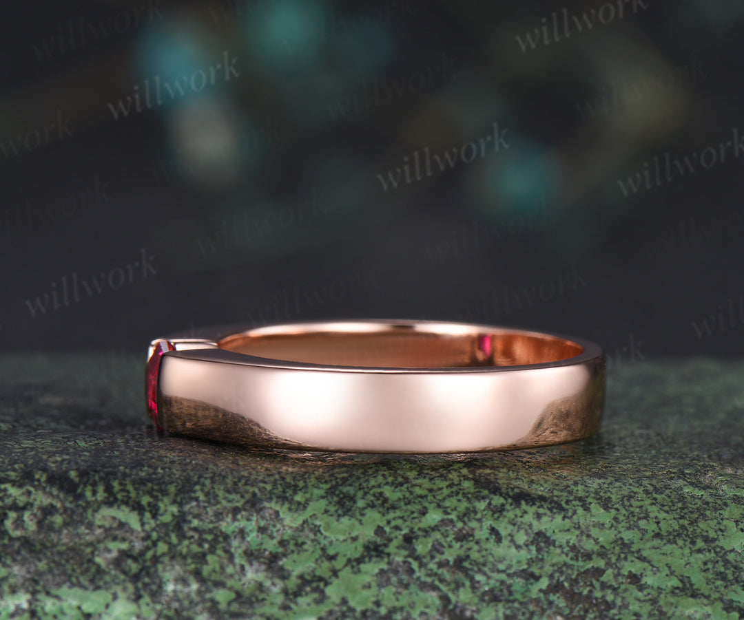 Men Ruby Rings 14K Solid Rose Gold Polish Band Male 4mm Hexagon cut red ruby Band Tension Set Ring Men Gemstone Promise Wedding Band