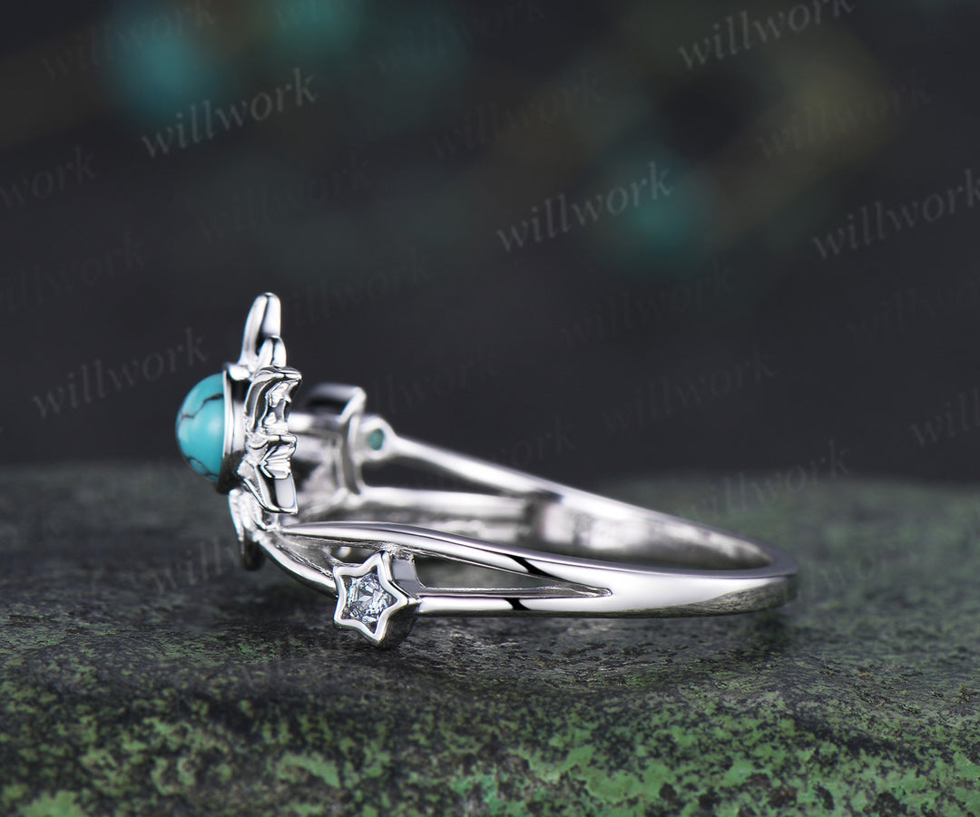 Unique round turquoise sun inspired engagement ring star moon criss cross split shank promise ring