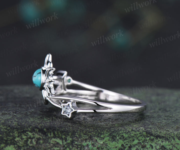 Unique round turquoise sun inspired engagement ring star moon criss cross split shank promise ring