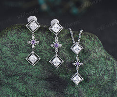 Princess cut moissanite dangle earrings necklace square moissanite milgrain vintage cross amethyst earrings pendant jewelry set